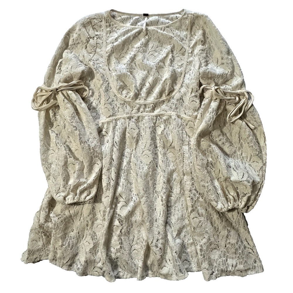 Free People Ivory Lace Mini Dress Womens Medium Boho Bell Sleeve Cottagecore